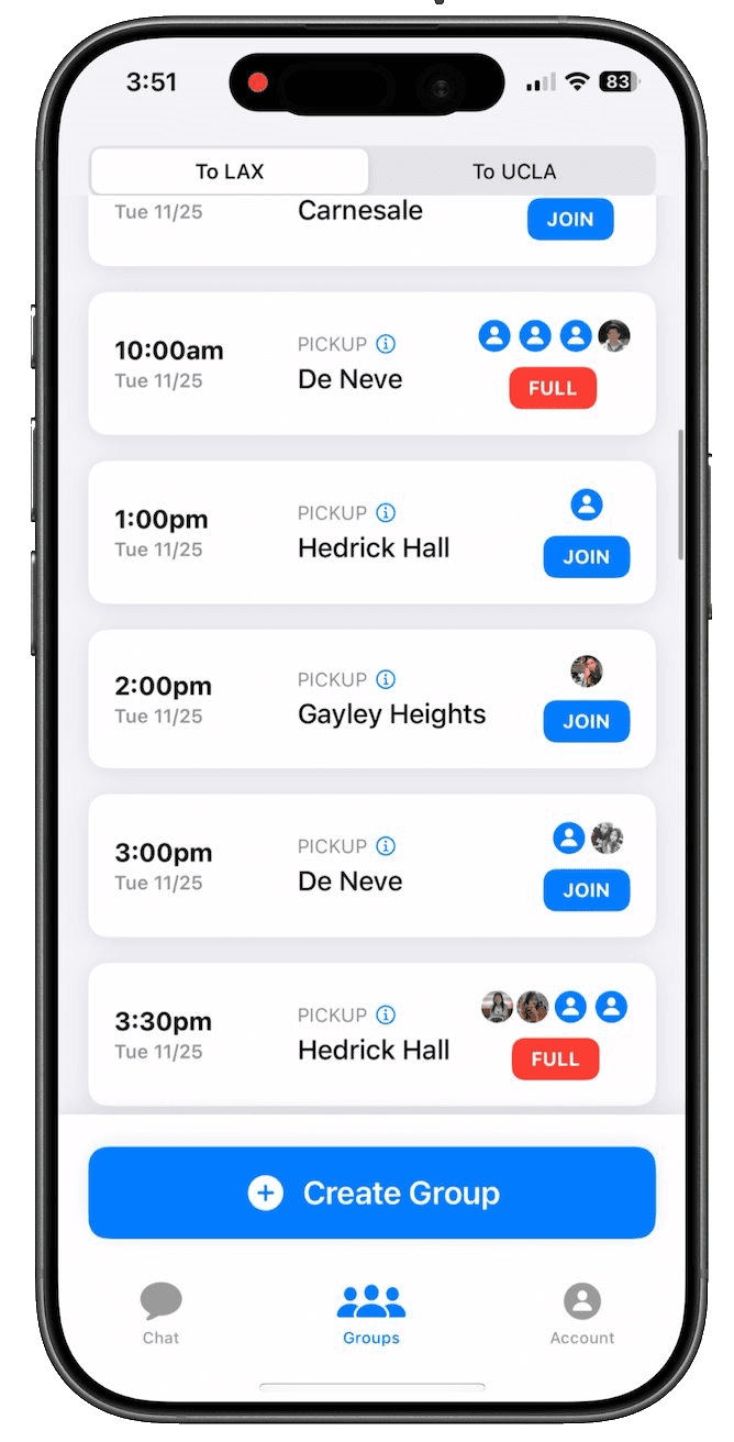 RydeMates app — find carpools screen