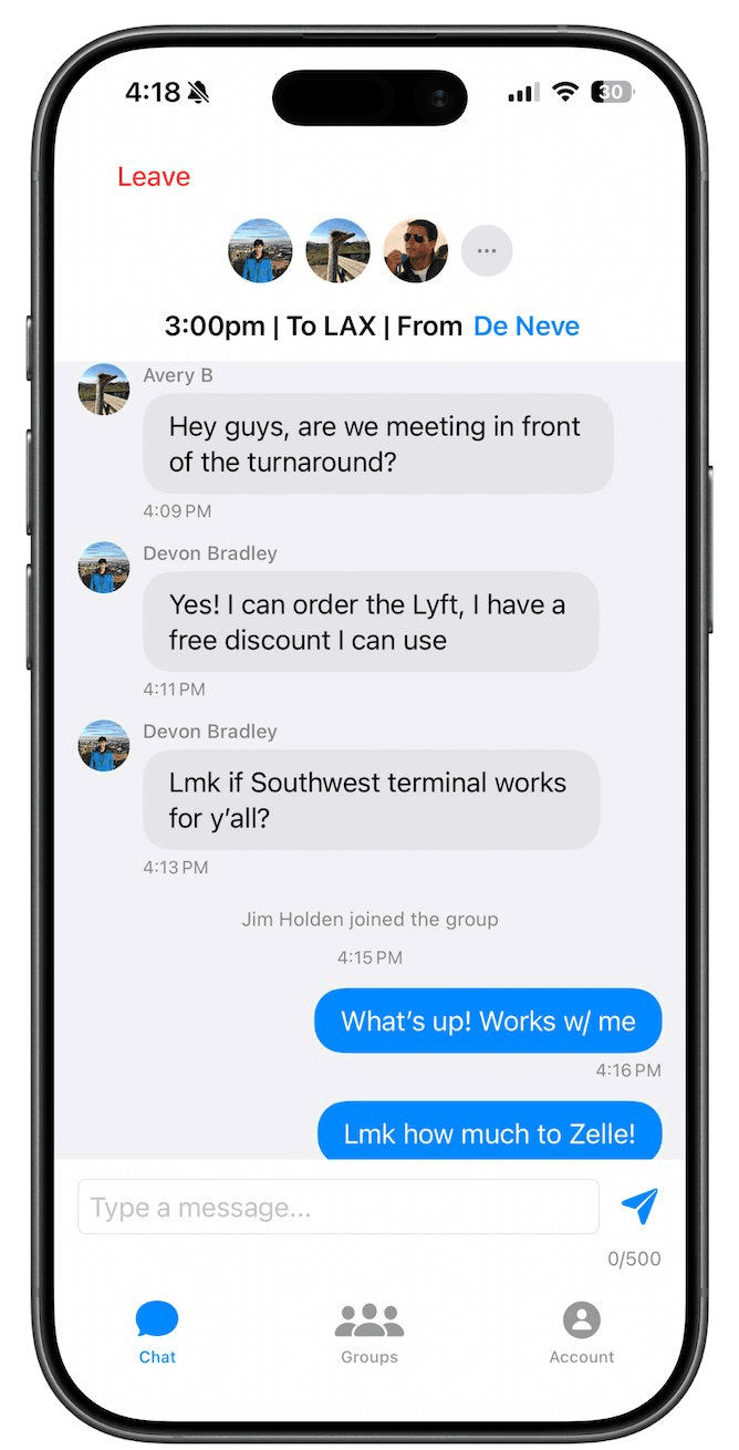 RydeMates carpool chat conversation